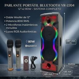 Parlante bluetooth YR-2204 12"x2 80W con Microfonos Inalambricos